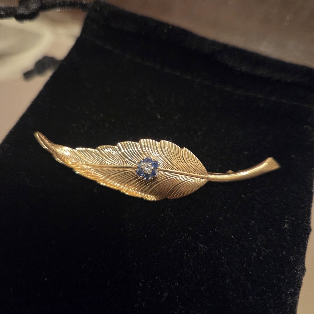 Tiffany & Co. Gold Leaf Brooch with Blue Gem